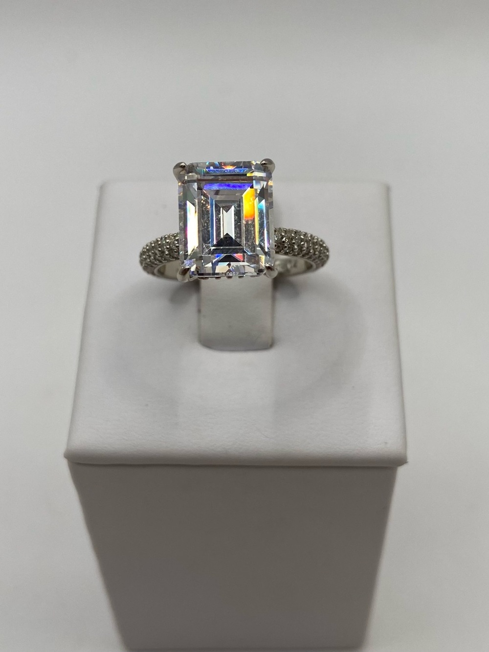 Sterling Silver 925 Emerald Cut Simulated Diamond Pave Ring Size 7 New